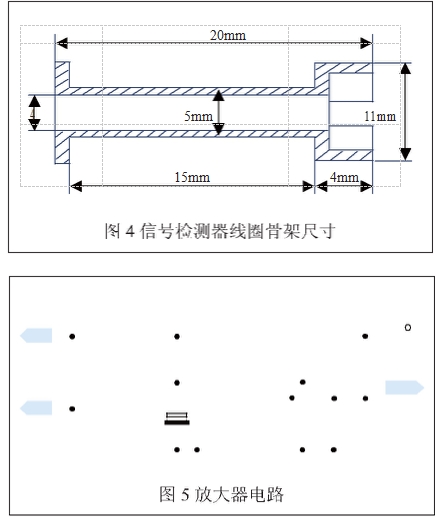 圖4 信號(hào)檢測(cè)器的線圈骨架尺寸 圖5放大器電路